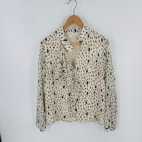 Avec Les Filles Cream Black Dot Ruffle Tie Neck Blouse Size Medium - Picture 1 of 8
